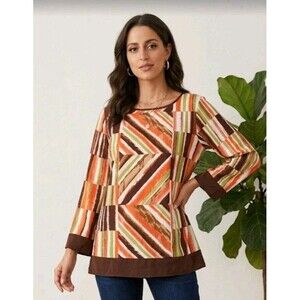 Bob Mackie Wearable Art Blouse Size S Tunic 3/4 Sleeve Brown/Orange/Green